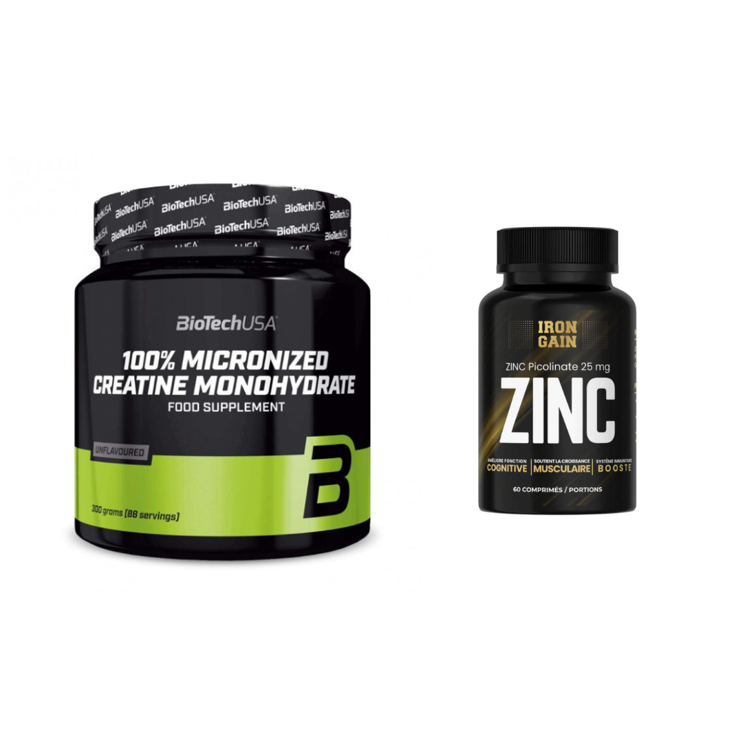 PACK - PICOLINATE DE ZINC 25 mg, 60 PORTIONS + CRÉATINE MONOHYDRATÉ MICRONISÉE 100 % 300 g, BIOTECH USA